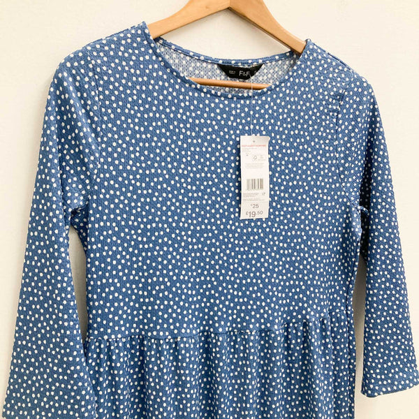 F&F Dress Size M Blue Spot Print Tiered 3/4 Sleeve Maxi 
