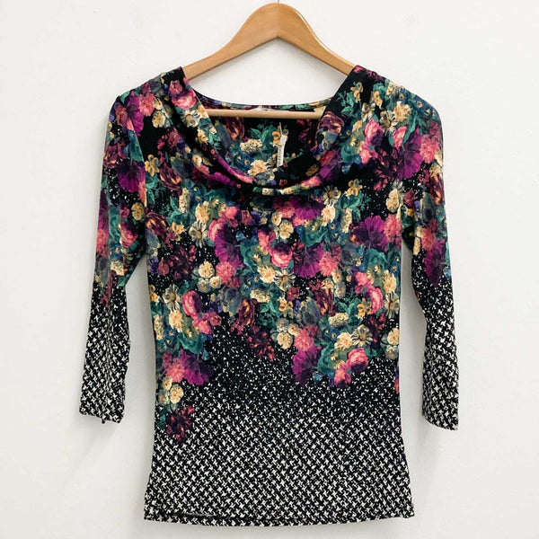 TU Top Size 8 Floral Print Cowl Neck 3/4 Sleeve Stretch Jersey 