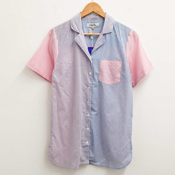 Lily Ella Blouse UK 10 Blue & Pink Striped Short Sleeve Cotton