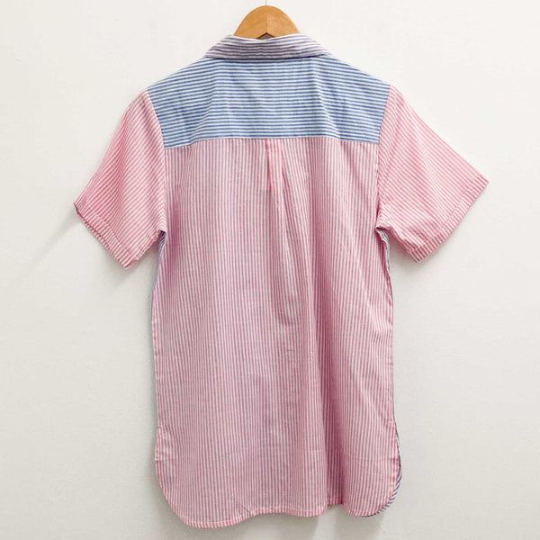Lily Ella Blouse UK 10 Blue & Pink Striped Short Sleeve Cotton