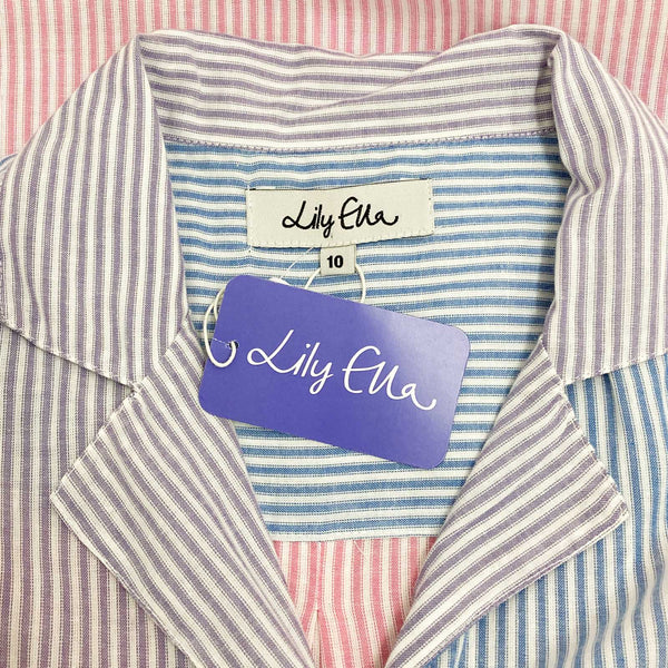 Lily Ella Blouse UK 10 Blue & Pink Striped Short Sleeve Cotton