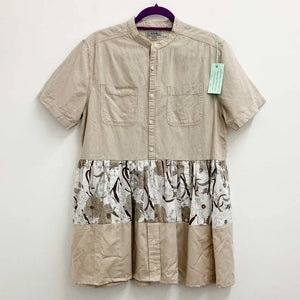 Upcycled Collarless Beige Stripe Shirt Dress M/L