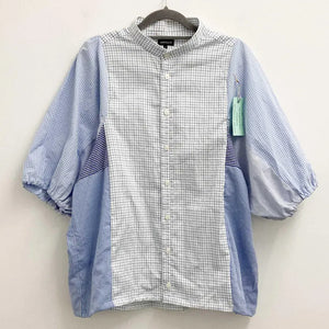 Upcycled Collarless Blue Check Blouse M/L