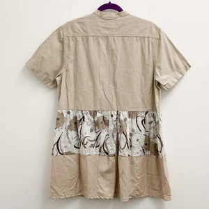 Upcycled Collarless Beige Stripe Shirt Dress M/L
