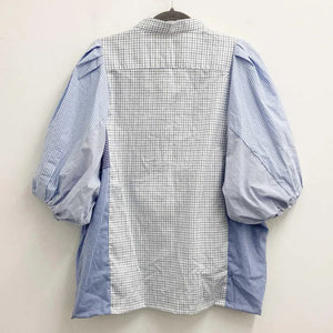 Upcycled Collarless Blue Check Blouse M/L