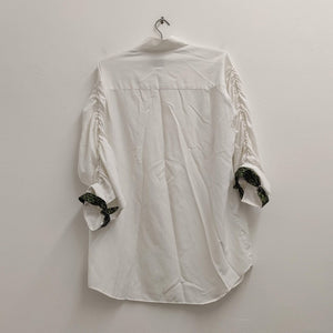 Upcycled White Viscose Mix Shirt with Ruched Tie Sleeves L