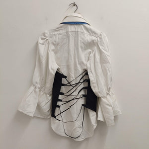Upcycled White Blouse with Upside Down Waistcoat Corset and Tie S/M