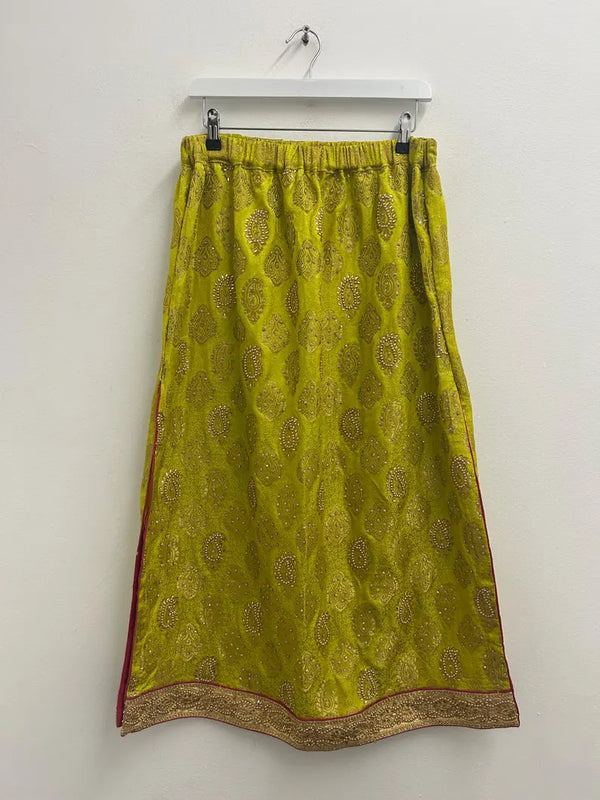 Upcycled Sari Chartreuse Long Embellished Skirt M