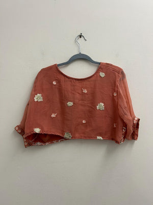 Upcycled Sari Dusky Pink Embroidered Cropped Top L