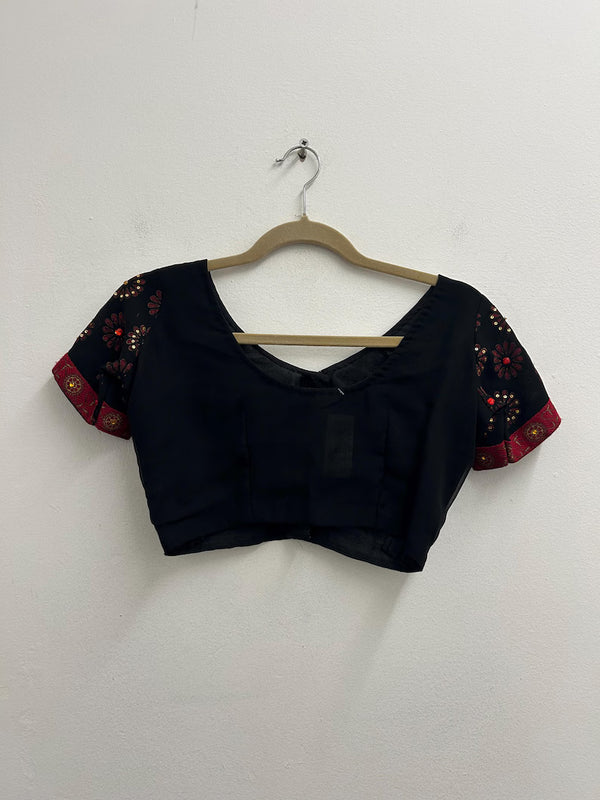 Upcycled Sari Black Cropped Top with Red and Gold Detailing S