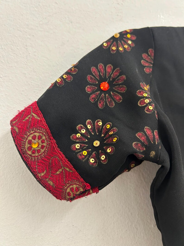 Upcycled Sari Black Cropped Top with Red and Gold Detailing S