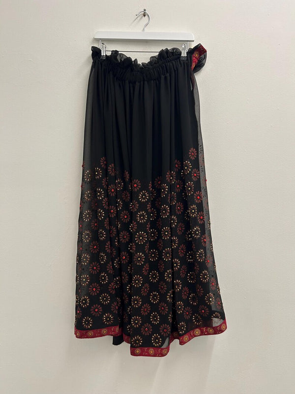 Upcycled Sari Black Sheer Long Skirt with Red and Gold Detailing L