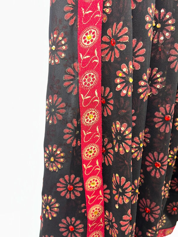 Upcycled Sari Black Sheer Long Skirt with Red and Gold Detailing L