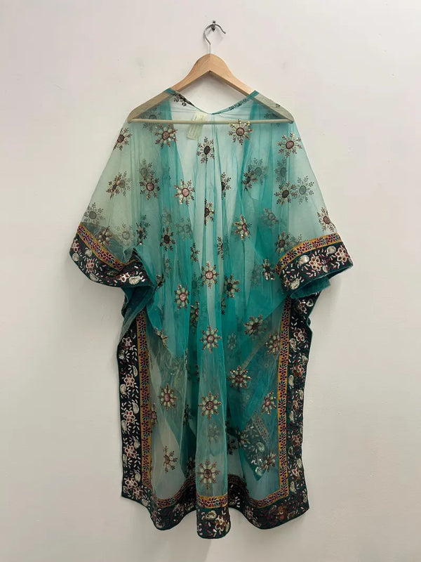Upcycled Sari Green Embellished Kimono One Size