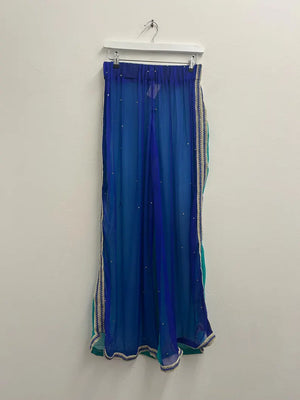 Upcycled Sari Blue and Green Sheer Trousers S/M