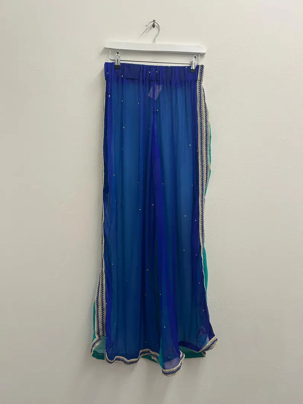 Upcycled Sari Blue and Green Sheer Trousers S/M