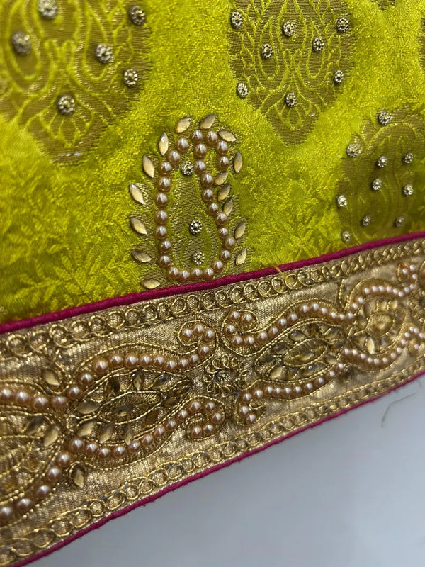 Upcycled Sari Chartreuse Long Embellished Skirt M