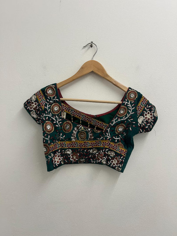 Upcycled Sari Emerald Green and Copper Cropped Top S