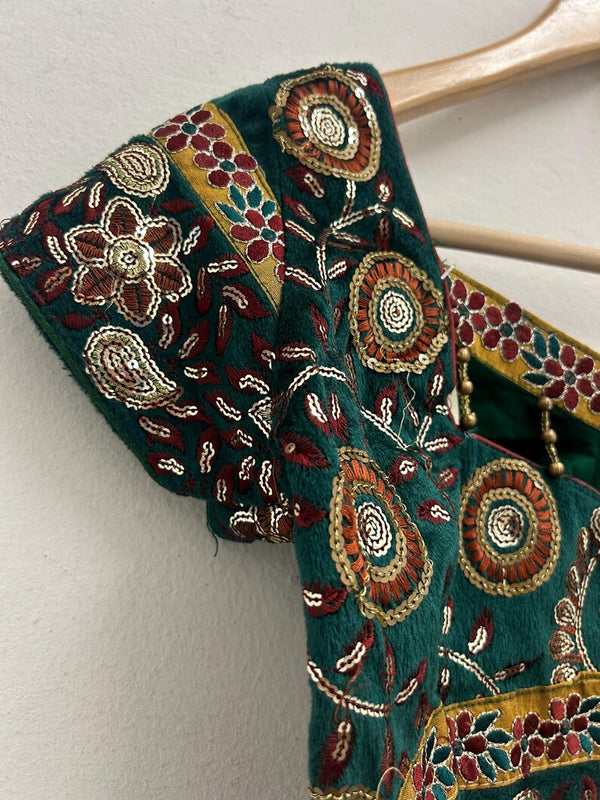 Upcycled Sari Emerald Green and Copper Cropped Top S