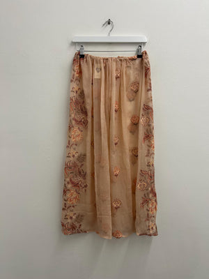 Upcycled Sari Peach Floral Wide Leg Trousers M