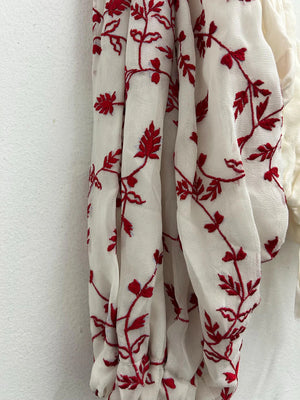 Upcycled Sari Cream and Red Puff Sleeve Cropped Top M