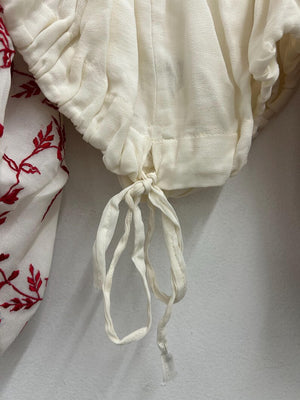 Upcycled Sari Cream and Red Puff Sleeve Cropped Top M