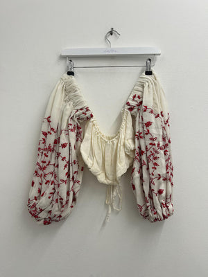 Upcycled Sari Cream and Red Puff Sleeve Cropped Top M