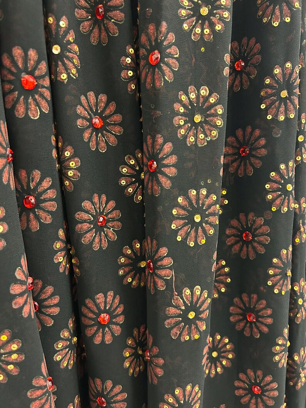 Upcycled Sari Black Sheer Long Skirt with Red and Gold Detailing L