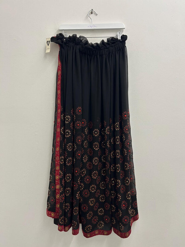 Upcycled Sari Black Sheer Long Skirt with Red and Gold Detailing L