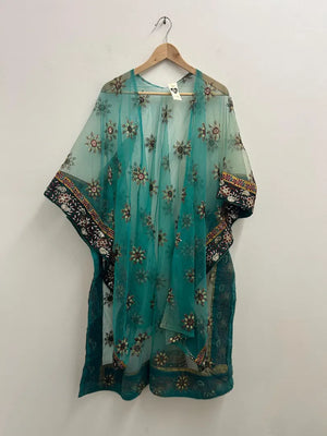 Upcycled Sari Green Embellished Kimono One Size
