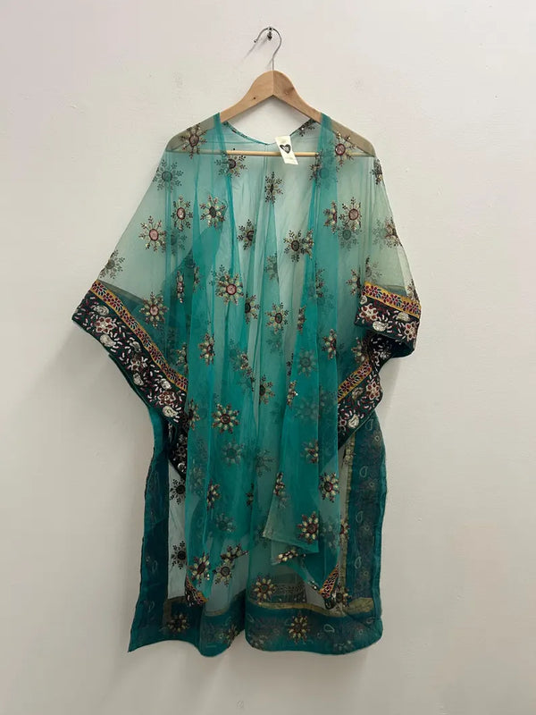 Upcycled Sari Green Embellished Kimono One Size