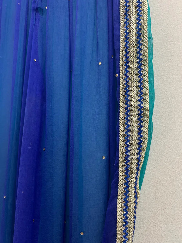 Upcycled Sari Blue and Green Sheer Trousers S/M