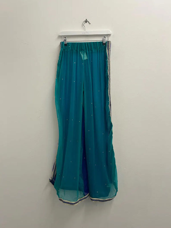 Upcycled Sari Blue and Green Sheer Trousers S/M