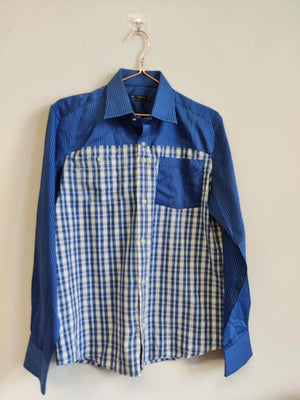 Upcycled Men's Stripe and Check Blue Shirt S/M