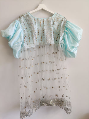 Upcycled Turquoise Sheer Puffball Sleeve Dress L