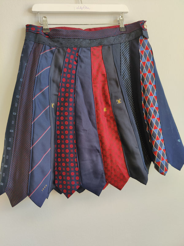 Upcycled Blue and Red Tie Skirt M/L