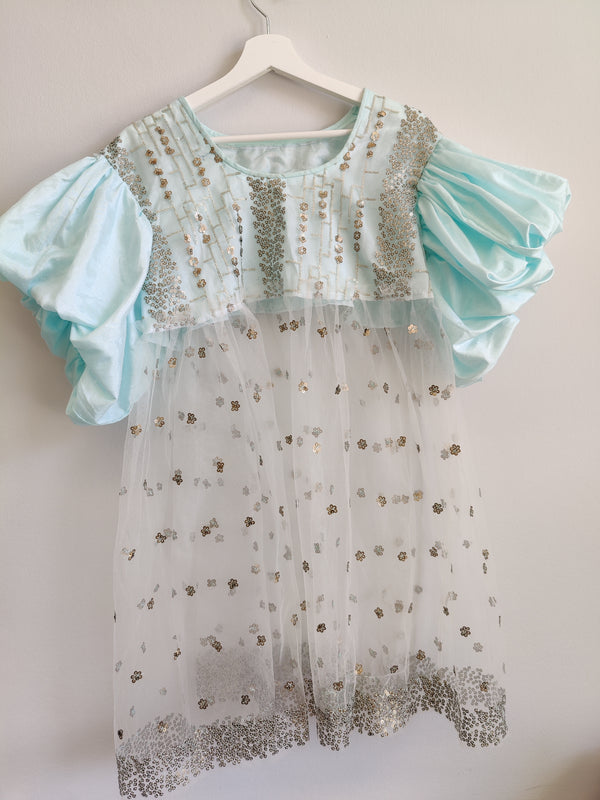 Upcycled Turquoise Sheer Puffball Sleeve Dress L