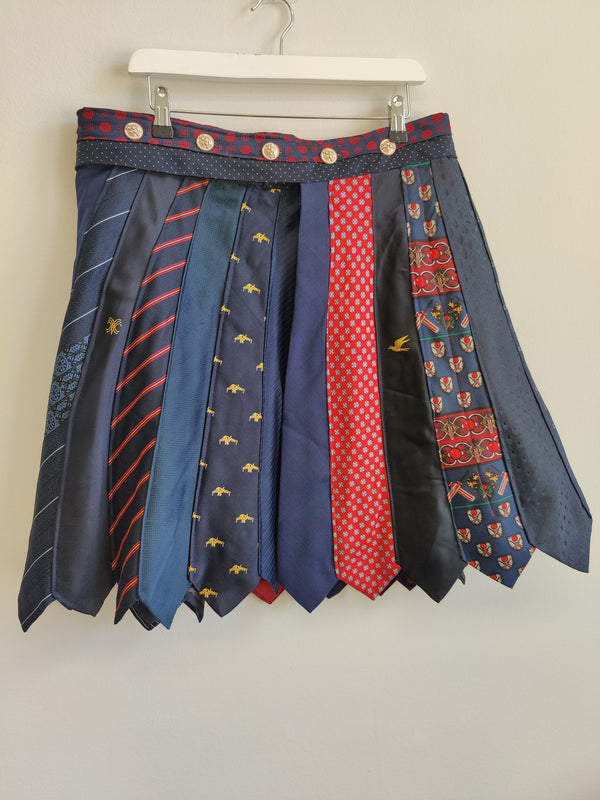 Upcycled Blue and Red Tie Skirt M/L