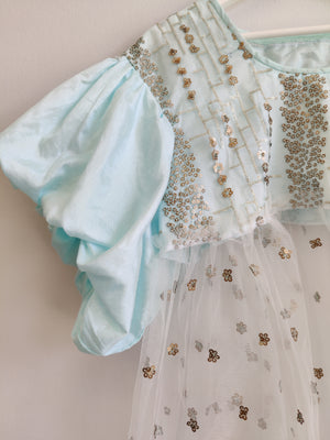 Upcycled Turquoise Sheer Puffball Sleeve Dress L