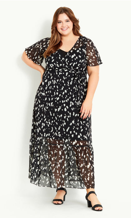 Evans Black Spot Print Flutter Sleeve Faux Wrap Maxi Dress UK 24