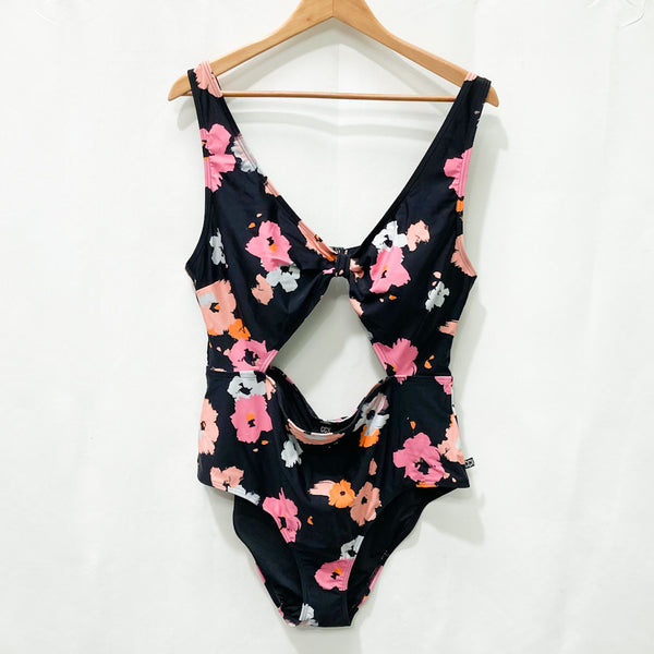 City Chic Black & Pink Floral Print Cut Out One Piece Swimsuit UK 16