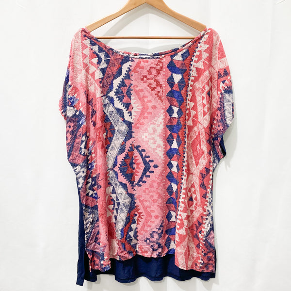 Avenue Pink & Navy Patterned Short Sleeve Relaxed Top UK 16