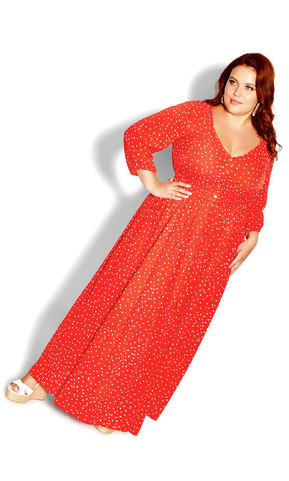 City Chic Red Spot Print V-Neck 3/4 Sleeve Maxi Dress UK 20