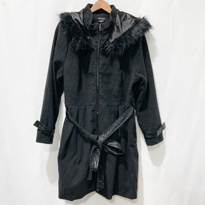 City Chic Black Tie Waist Faux Fur Trim Hooded Coat UK 18