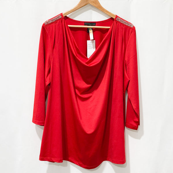Design History Red 3/4 Sleeve Cowl Neck Embellished Top Size 2X
