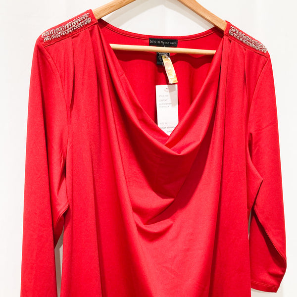 Design History Red 3/4 Sleeve Cowl Neck Embellished Top Size 2X