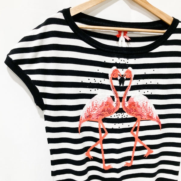 Next Black & White Striped Sequin Flamingo Cap Sleeve Knit Dress UK 14