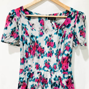 Topshop Grey & Pink Floral Print Short Sleeve Mini Dress UK 10