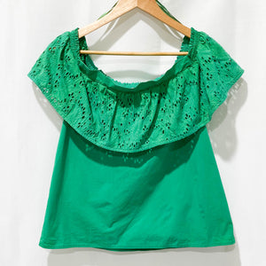 Warehouse Green Off Shoulder Broderie Anglaise Cotton Top UK 12