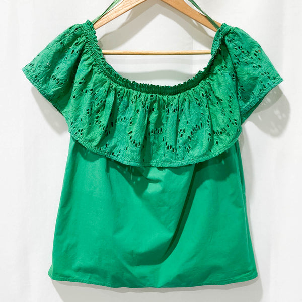 Warehouse Green Off Shoulder Broderie Anglaise Cotton Top UK 12